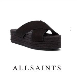 All Saints 8US/39 Euro Harlem Black Leather Criss Cross w/ Jute Platform Sandals